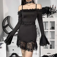 rosetic gothic bodycon dress women darkness fashion patchwork lace flared sleeve long sleeve black sling club dresses 2022 new