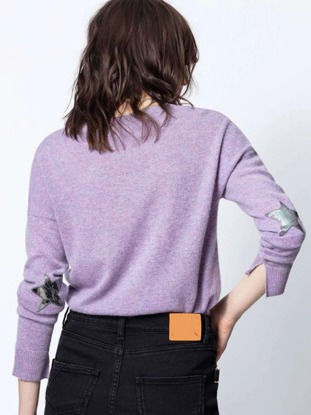 

Jyate 2022 Spring Cozy Wool Sweater Women Star Sheepskin Patch Top Pullover Lady Fashion Casual Solid Round Neck Long Sleeve