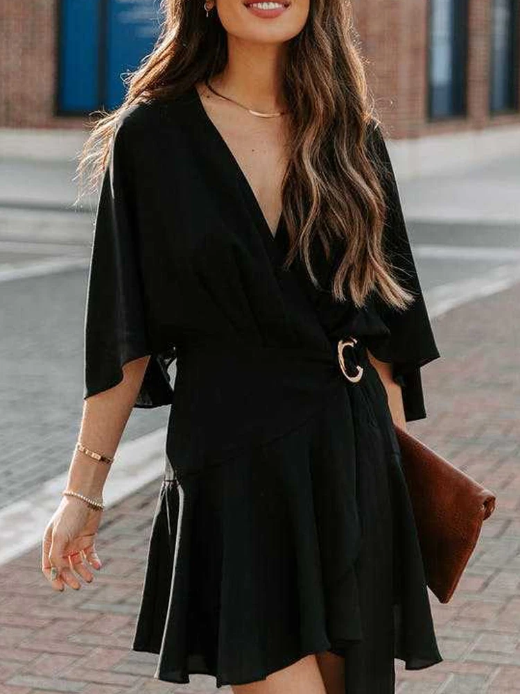 

New Women Sexy V Neck Party Mini Dress 2022 High Waist Irregular Dress Elegant Summer Spring Solid Color Ladies A-Line Dress