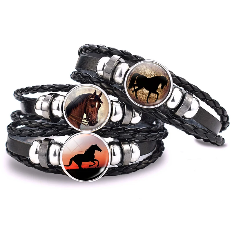 

Horse Bracelet Crazy Horse Jewelry Black Punk Leather Glass Button Bracelet Unisex Accessories Animal Lovers Gift