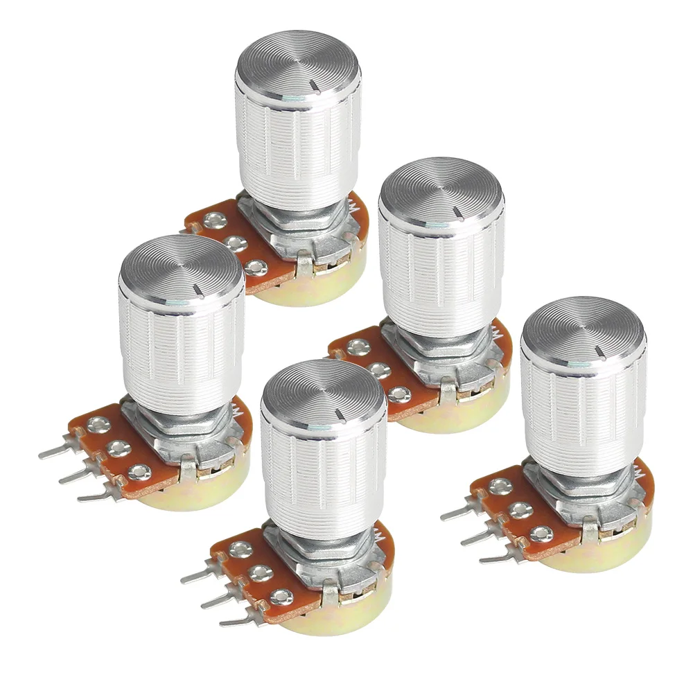 

5Set WH148 Linear Potentiometer 15mm 3pin 1K 5K 10K 20K 50K 100K 250K 1M with Silver Aluminum Alloy Knob Cap Potentiometer Kit