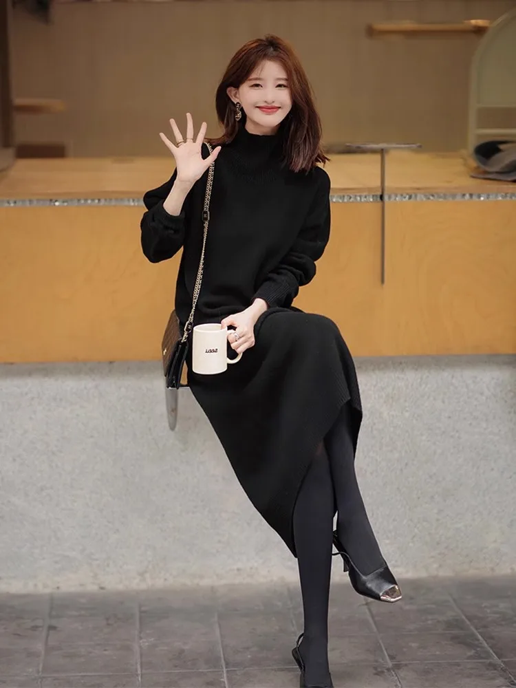 Ozhouzhan Gentle Sle черное трикотажное нижнее платье женское осенне-зимнее пальто