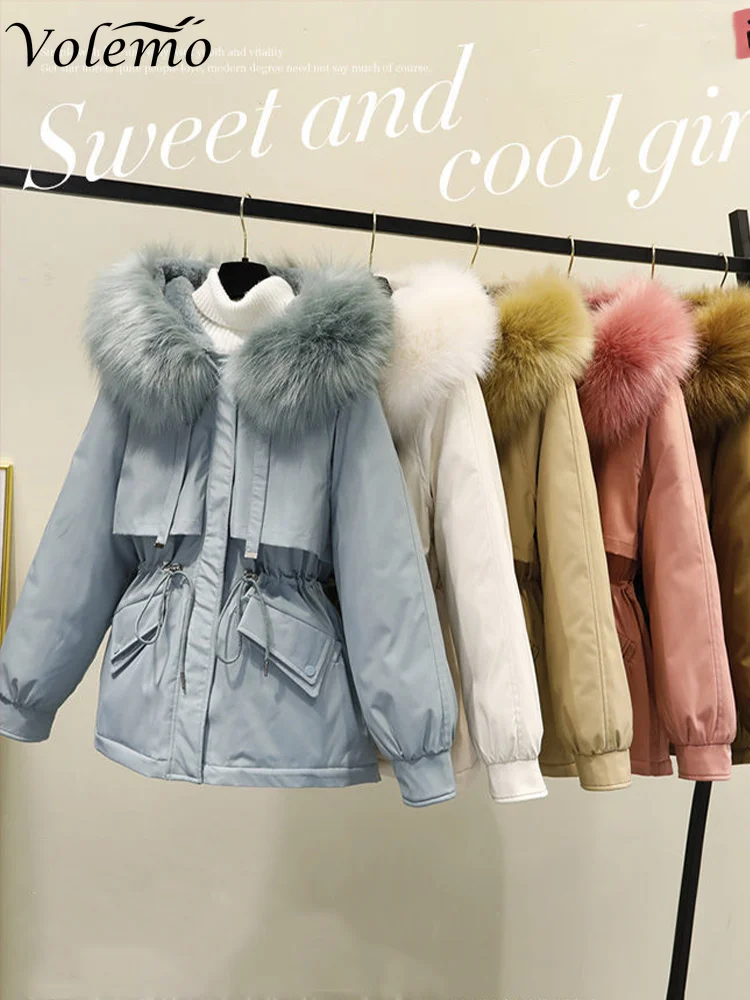 Volemo 2022 Cotton Padded Plus Size 3XL Winter Big Fur Jacket Women Loose Slim Warm Hooded Parka Coat Down Jacket Dropshipping