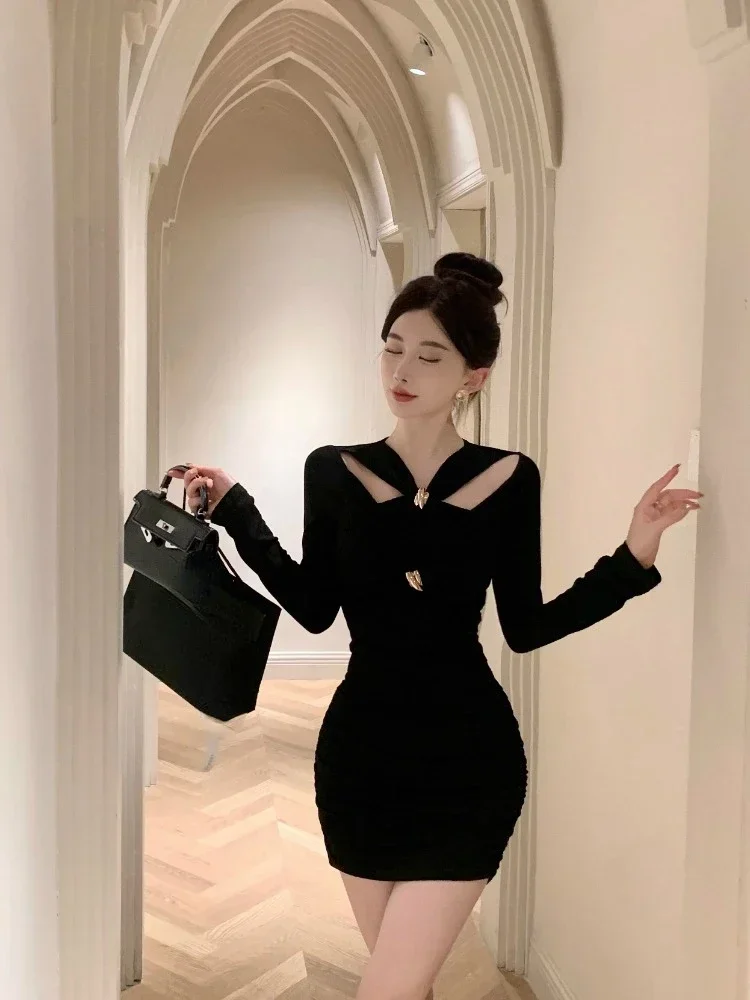 Ezgaga сексуальные платья женская мода с длинным рукавом ажурное тонкое черное