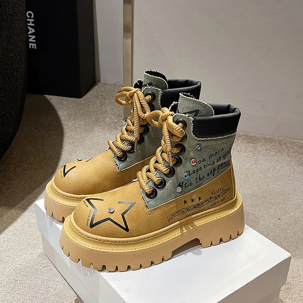 

Autumn Winter Martin Boots For Girls Hip Hop Punk Streetwear Footwear Printed Drawstring Fashion Shoes Medium Heel Female Boots