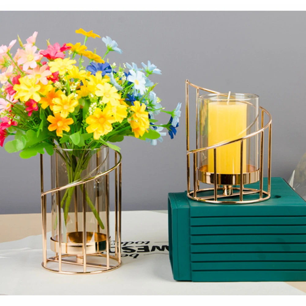 

Luxury Plating Matel Golden Candlestick Glass Flower Vase Decor for Table Centerpiece Wedding Decoration Home Room Party Decor