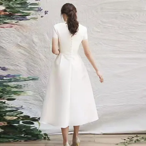 New Style Simple Satin V-neck Wedding Dresses Tea Length Short Sleeves Wedding Dress For Bride Vestido De Novias 2022