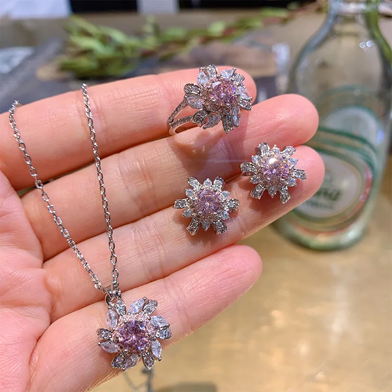 

2022 High Quality 925 Sterling Silver Wedding Jewelry Sets New Sunflower Topaz Pink Quartz Necklace Ring Earrings Gift for Women