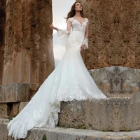luxury wedding dress v neck lace up appliques bridal dresses mermaid tulle flare sleeves bride gown vestito da sposa 2022