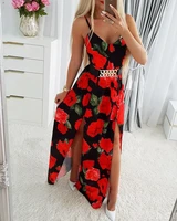 chaxiaoa 1 piece sexy party cami maxi dress polyester summer 2022 women chain decor rose print slit