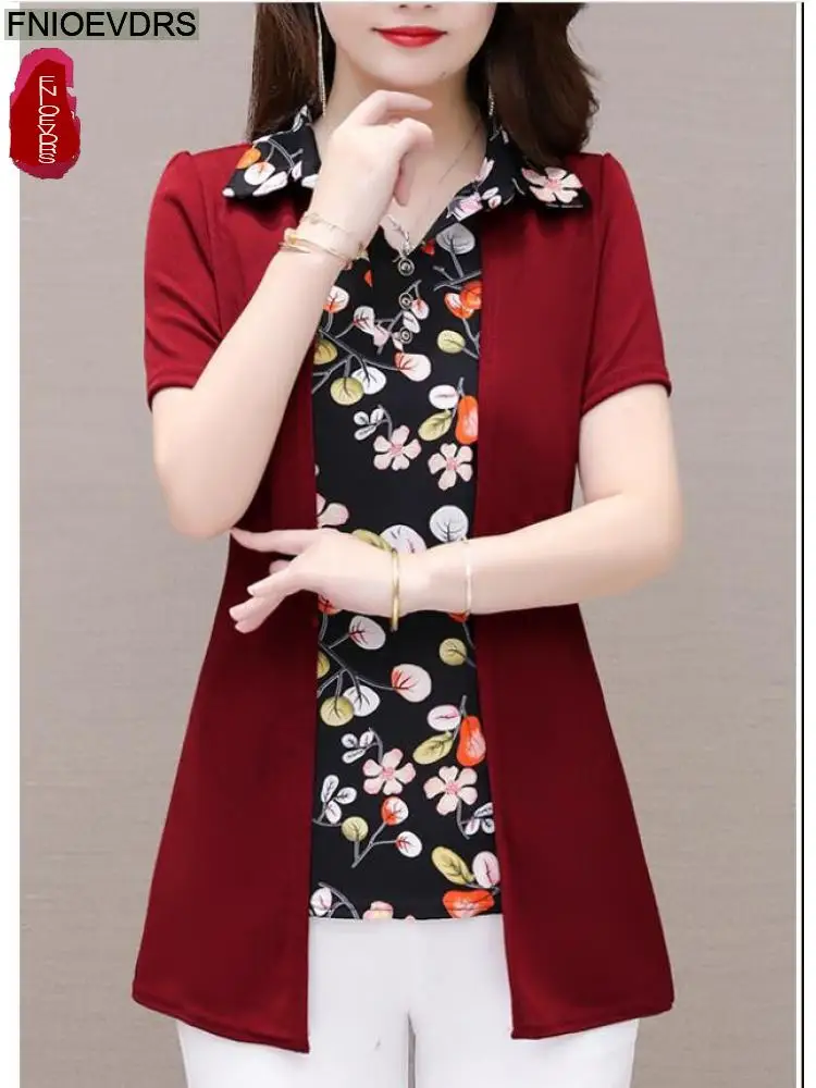 

2022 Hot Sales Belly Long Tunic Basic Shirts Blouse Women Elegant Office Lady Vintage Floral Loose Faux Two Piece Peplum Tops