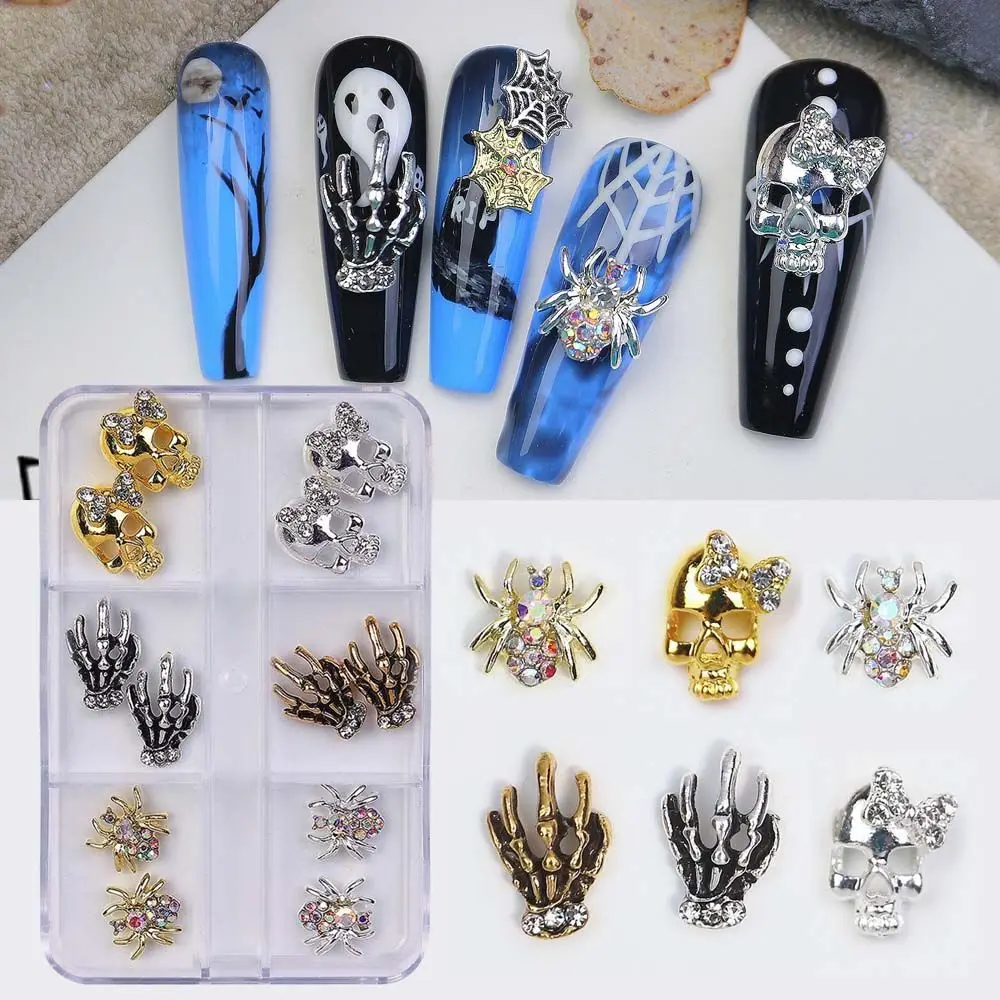 

6/12 Grid Hot New Nail Decoration Skull Hand Spider Nail Charm 3D Glitter Nail Gold and Silver Nail Art Accessories
