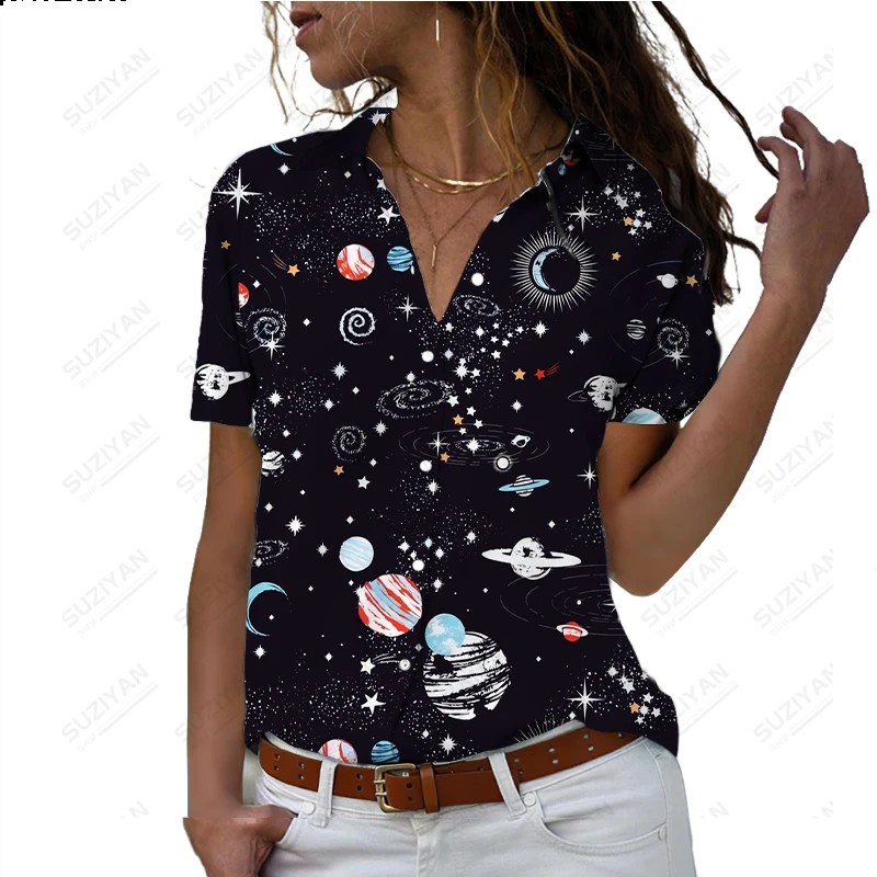 

Fashion Women's Short Sleeve Shirt Casual Style Loose Button Cardigan Personalized Print Polo Neck Shirt Summer Hot Selling Top