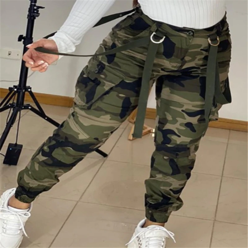 2022 Fashion Women's High Waist Overalls Camouflage Printed Pockets Military Green Webbing Leggings Autumn Outdoor Sports Pants