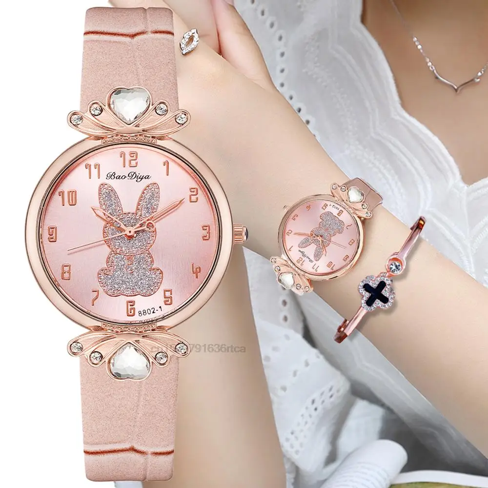 

SMVPSimple 2022 Pink Diamond Bunny Design Women Fashion Watches Retro Ladies Quartz Wristwatches With Number Female Leather Cloc