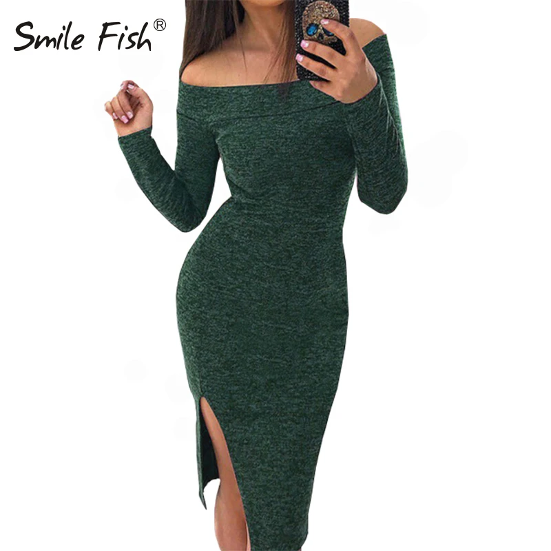 

Slash шеи осень миди вечерние платье элегантный тонкий Femme халат зимнее платье для женщин Разделение облегающее узкое сексуальное джемпер Клу...