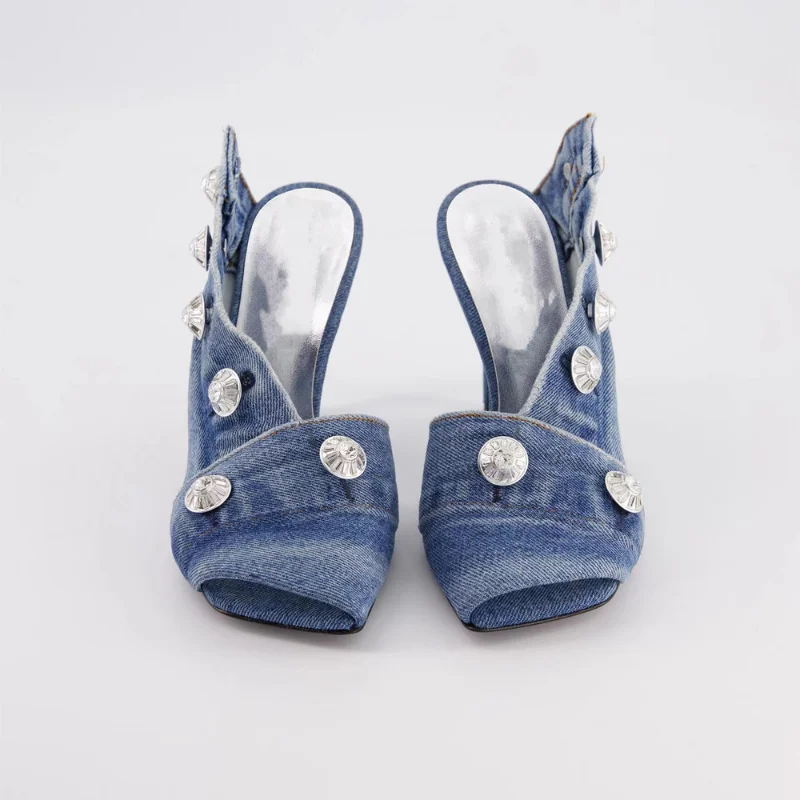 2023 Women's Summer European and American Vintage Denim Slim High Heel Button Sandals Fashion New Open Teeth Large Size Sandals