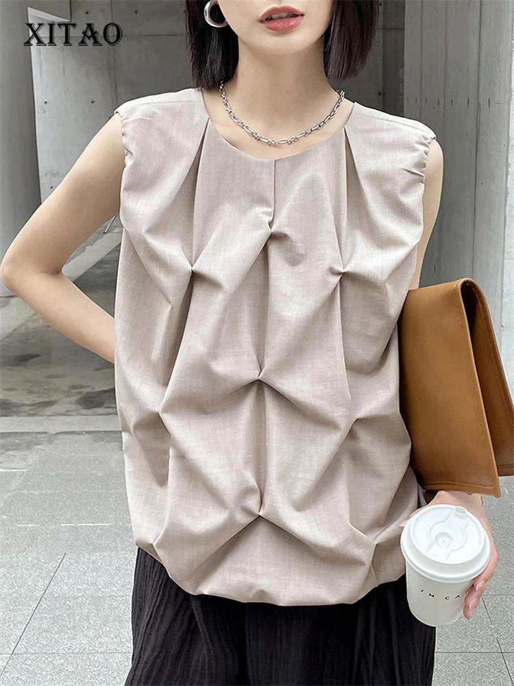 

XITAO Solid Color Folds Tanks Loose Fashion Simplicity Temperament O-neck Collar Pullover Temperament All-match Top WLD7784