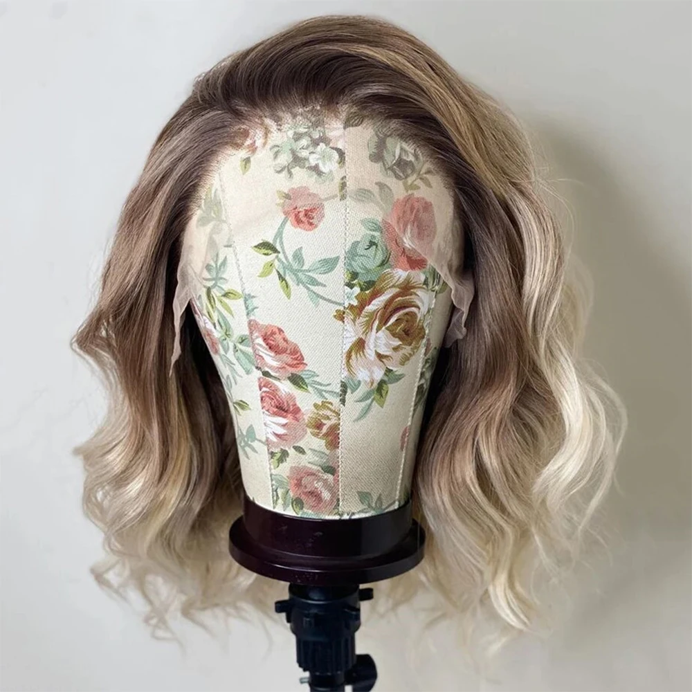 FENJUN Ash Blonde Wig Dark Roots Short Wave Lace Front Wig Human Hair for Black Women Pre plucked Frontal and Bleached Knots