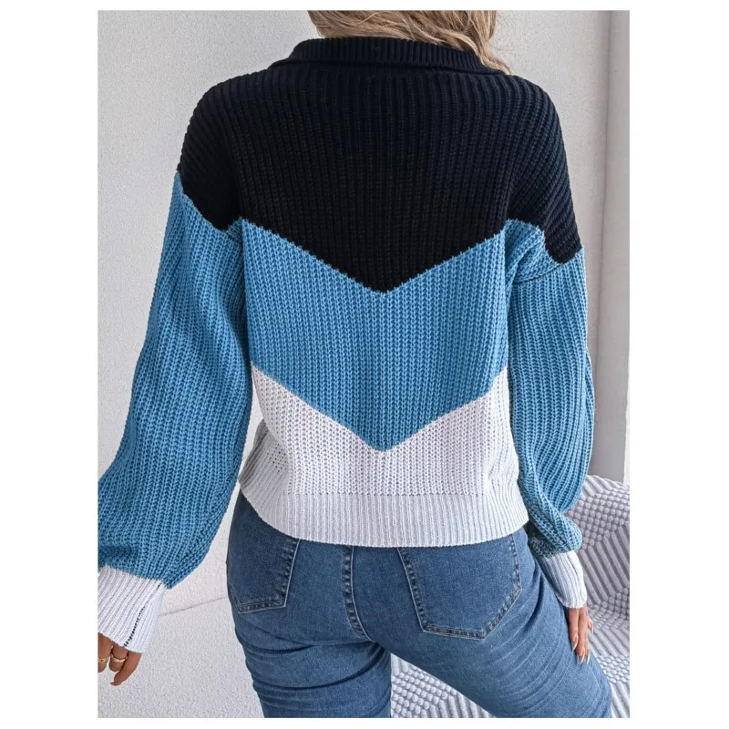 Осенне-зимний женский повседневный вязаный пуловер с контрастными лацканами и