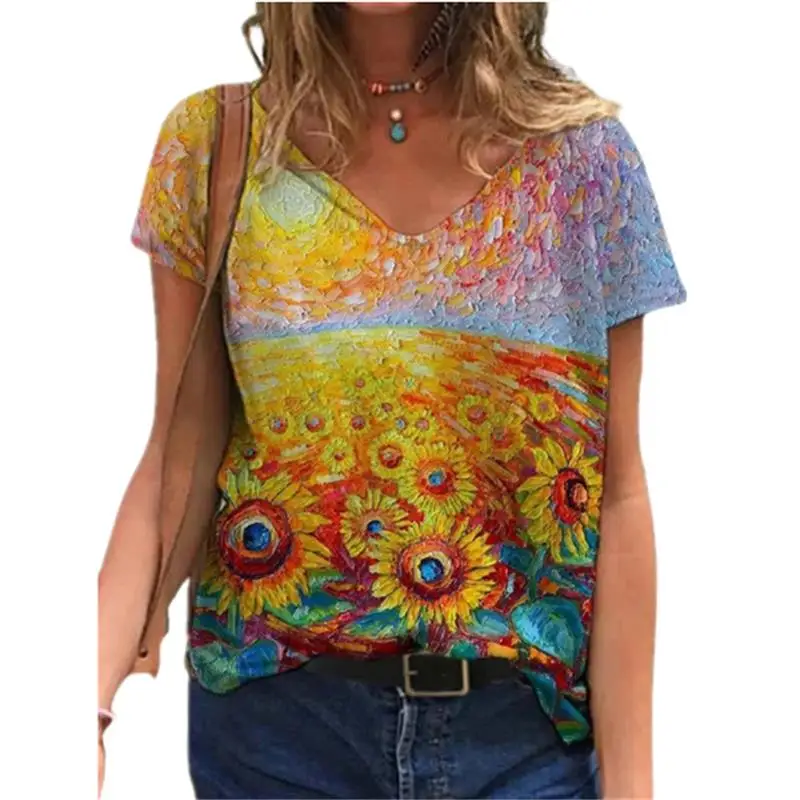 

New 2022 Women 3D Sunflower Print T Shirt Summer Short Sleeve Loose Tops 3XL Plus Size Casual Ladies Floral Cotton Tee Clothes