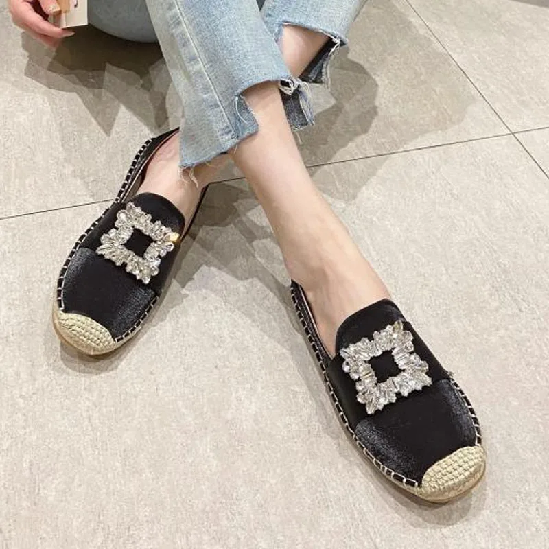 

Women's Retro Espadrilles Shoes Street Leisure Flats Fashion Crystal Square Button Loafers Daily Soft-soled Slip-on Casual Shoes