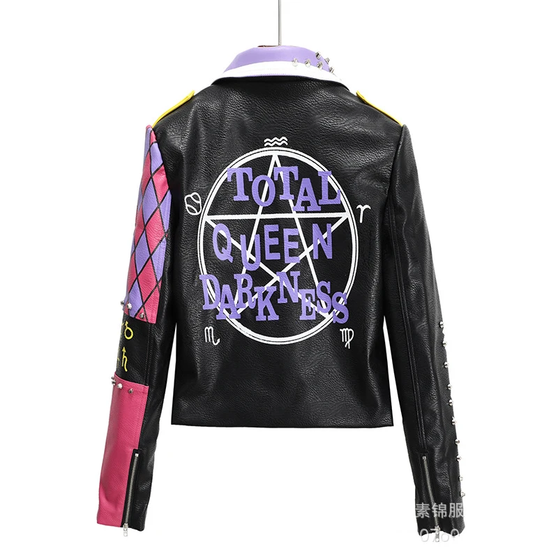 Punk Studded Biker Jacket Women Short Slim-fit 2023 Trend Streetwear Contrast Color Stitched Faux Leather Printed Leather Jacket