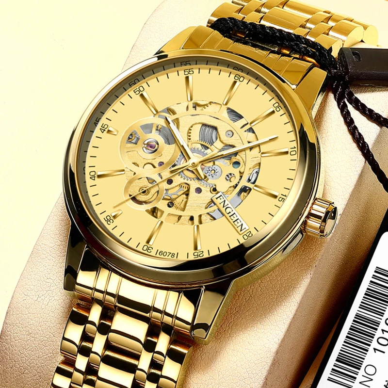 

FNGEEN Brand 2023 New Luxury Automatic Mechanical Men Watches Gold Stainless Steel Hollow Out Waterproof Business Man Wristwatch