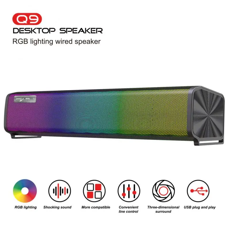 

Q9 Computer Speaker RGB Light Adjustable Computer Long Sound 3.5mm Wired Computer Sound Bar 9 Backlight Modes Bess Speaker