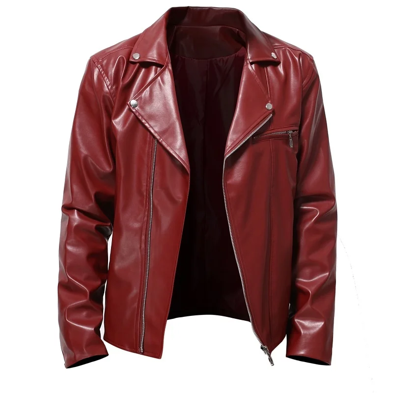 

New trend casual lapel diagonal zipper men's leather motorcycle autumn and winter red personality artificial leather coat man