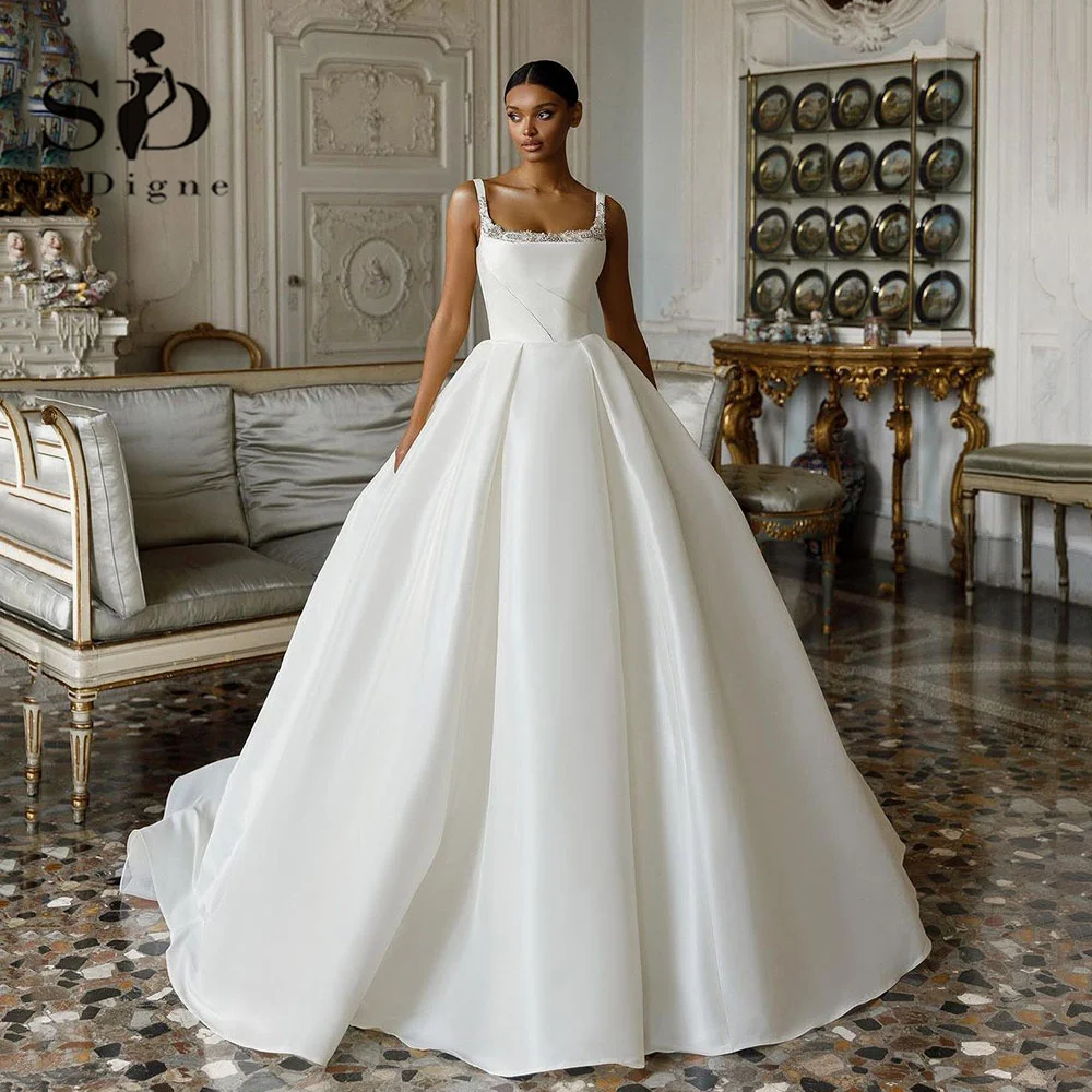 

SoDigne Glossy Sequins Satin Wedding Dresses For Women Boho Square neck Ball Gowns Bride Dress Plus Size Bridal Dress 2024