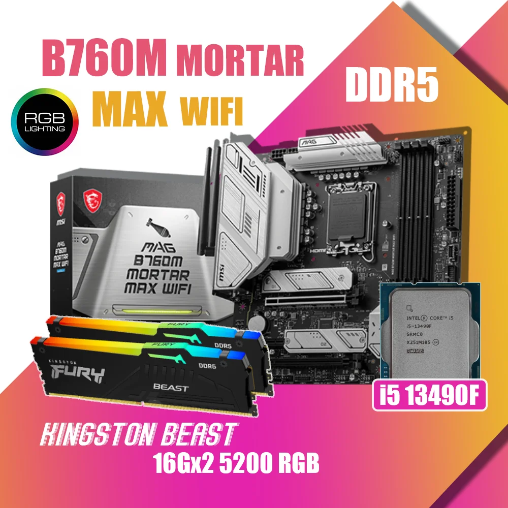 

Kit MSI MAG B760M MORTAR MAX WIFI LGA1700 Motherboard With Intel Core i5 13490F Processor Kingston DDR5 RGB 5200MHz 16Gx2 Memory