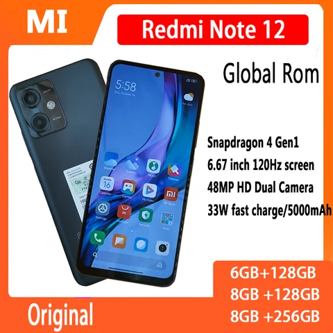 Смартфон Xiaomi Redmi Note 12, телефон с глобальной прошивкой, экран 6,67 дюйма, золотой дисплей, 120 Гц, Snapdragon 4 Gen 1, двойная камера 48MP01, 33 Вт