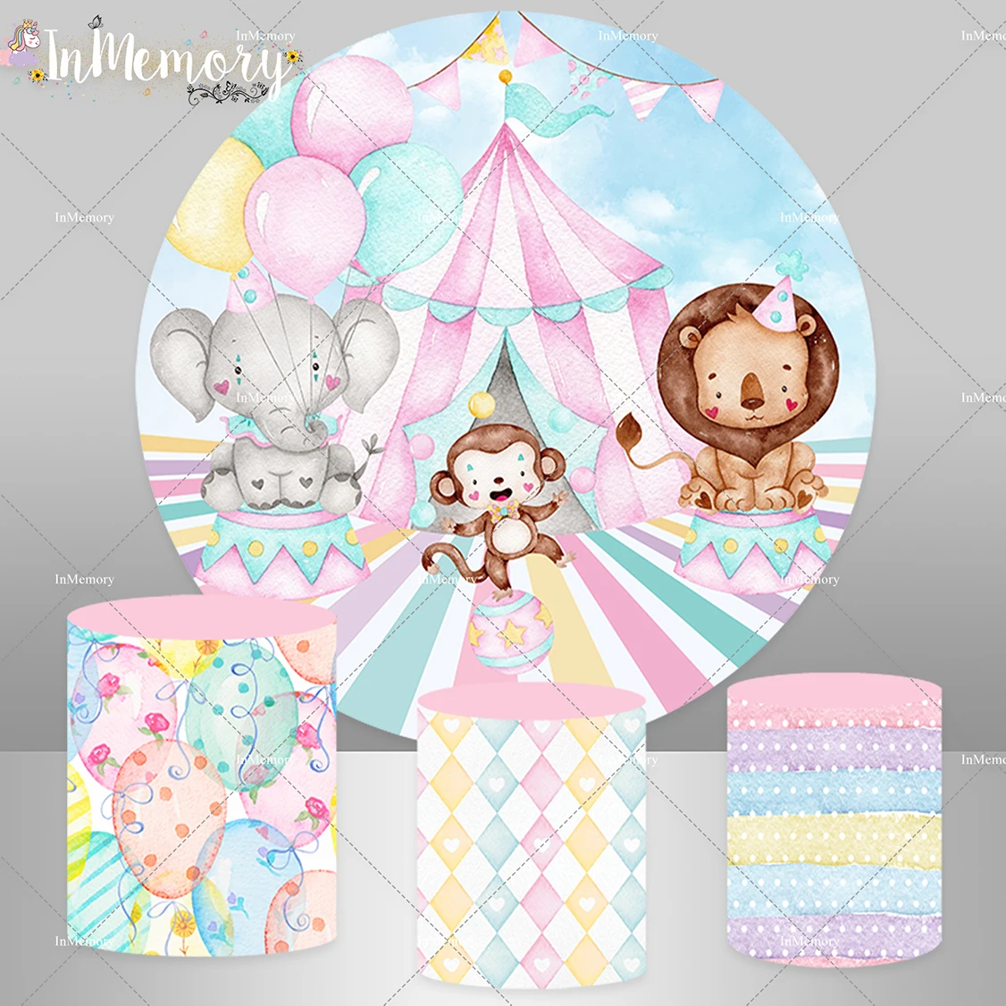 Circus Theme Birthday Round Backdrops Animals Play Show Pink Curtain Baby Child Background Photography Balloons Cylinder Covers