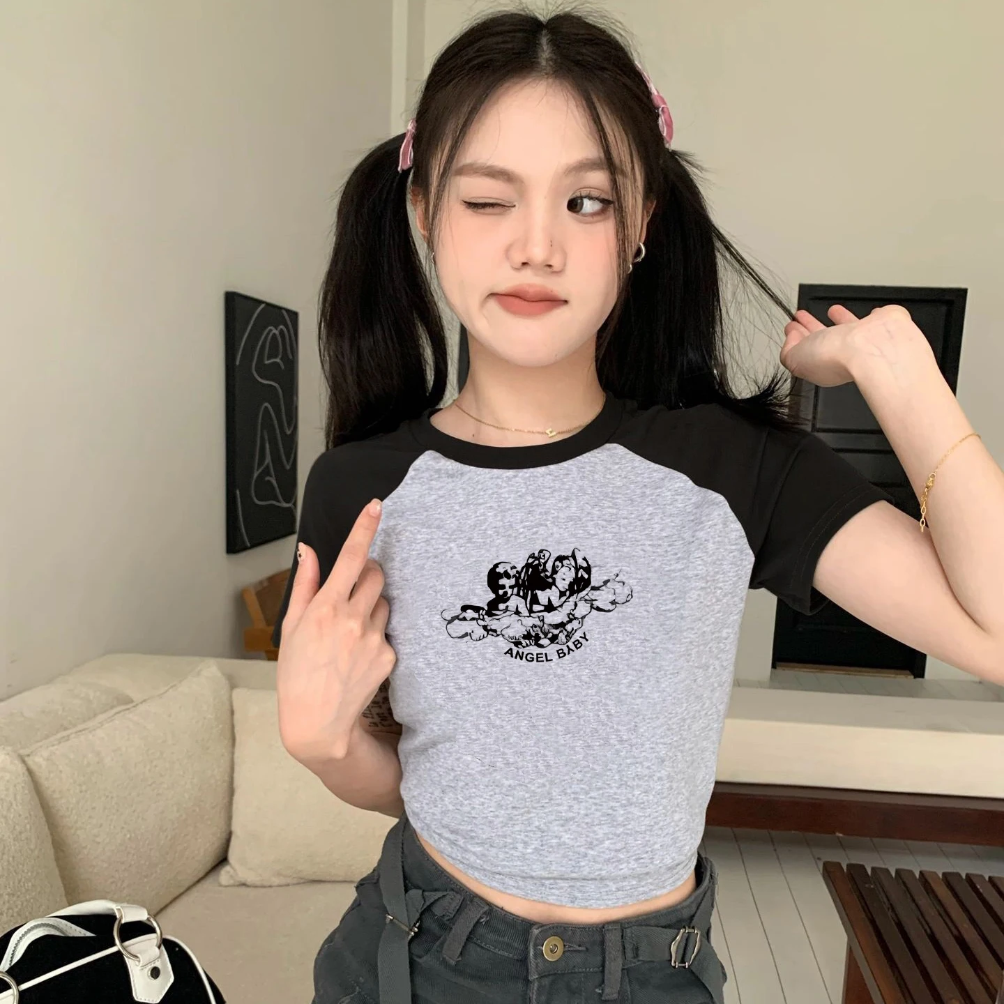 

Летние укороченные футболки Ulzzang Y2k, облегающая короткая футболка с круглым вырезом, укороченный топ, винтажная женская уличная одежда в стиле Харадзюку, одежда для девочек