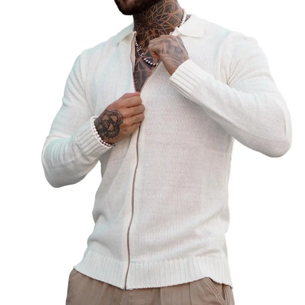 

Knitting Cardigan Men Autumn Lapel Long Sleeve Ribbed Trim Slim Fit Solid Color Zipper Placket Knitted Top Streetwear