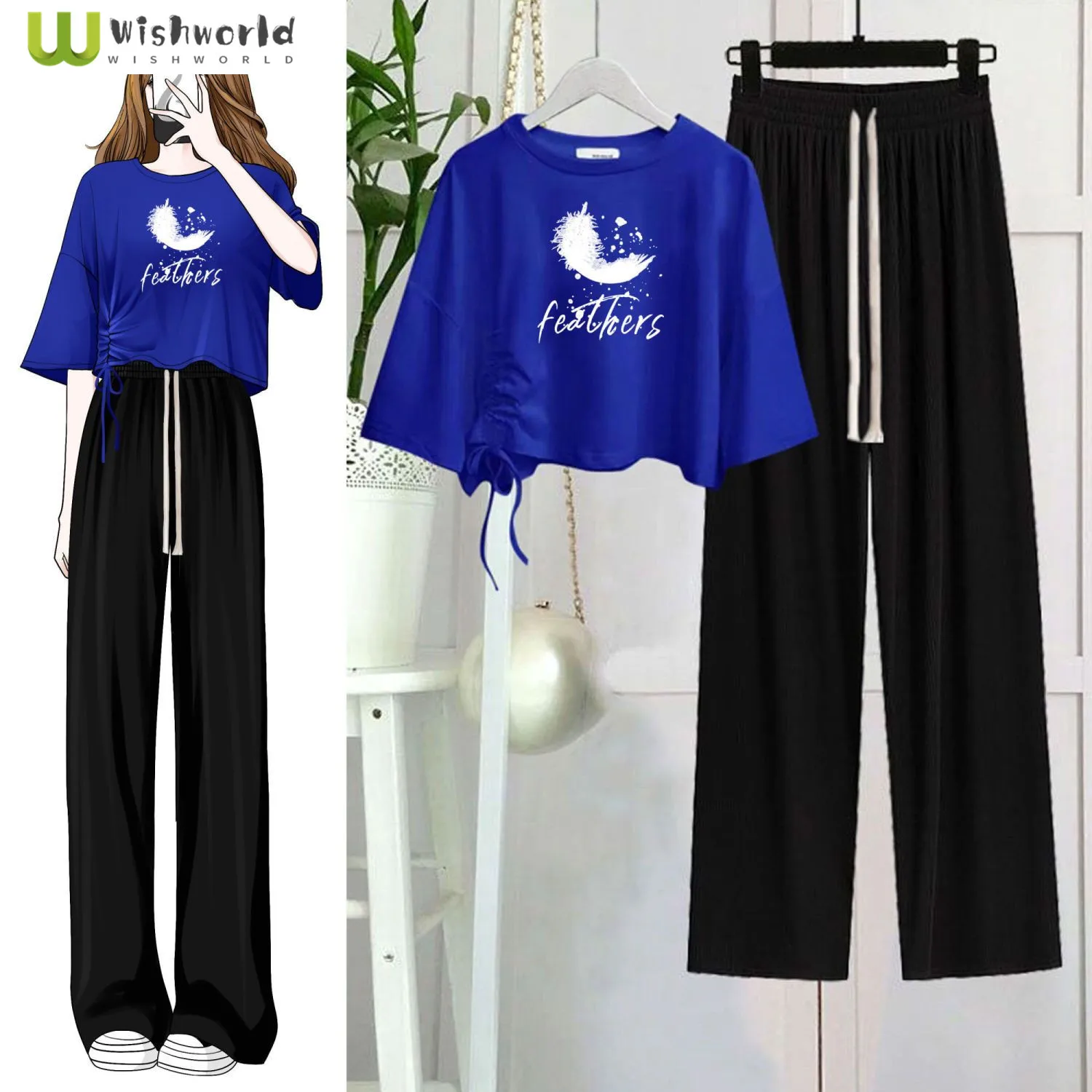 Feather Print Pleated Short Sleeve T-shirt Casual Lace-up Wide Leg Pants Two-piece Fashion Women's Pants Set Tracksuit Outfits