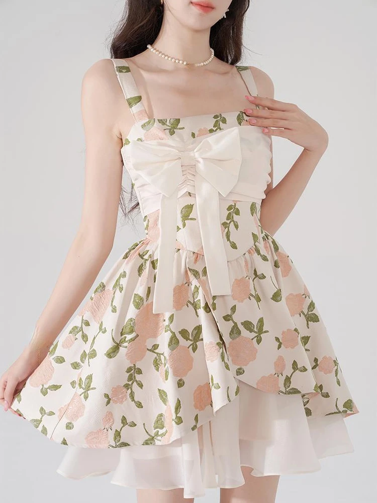 

Summer Floral Kawaii Sweet Dress Women Chiffon Print Elegant Vintage Mini Dress Female Bow Retro Princess Strap Dress 2023 New