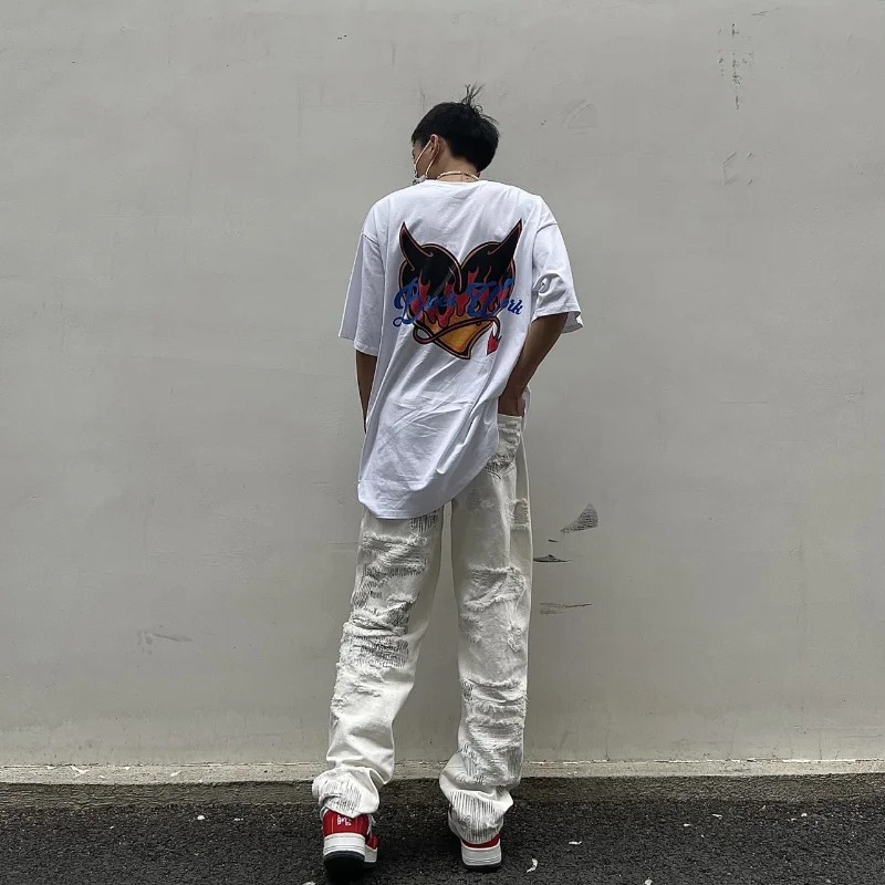 DEEPTOWN Ripped Straight Jeans for Men Hip Hop Straight Denim Pants Hole Fashion Trousers Male Black White Loose Casual Spring