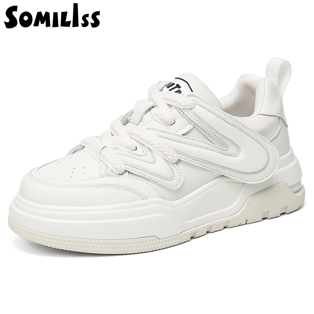 SOMILISS Women Platform Chunky Sneakers Genuine Leather Round Toe Lace Up Ladies Fashion Casual Running Shoes Spring Summer
