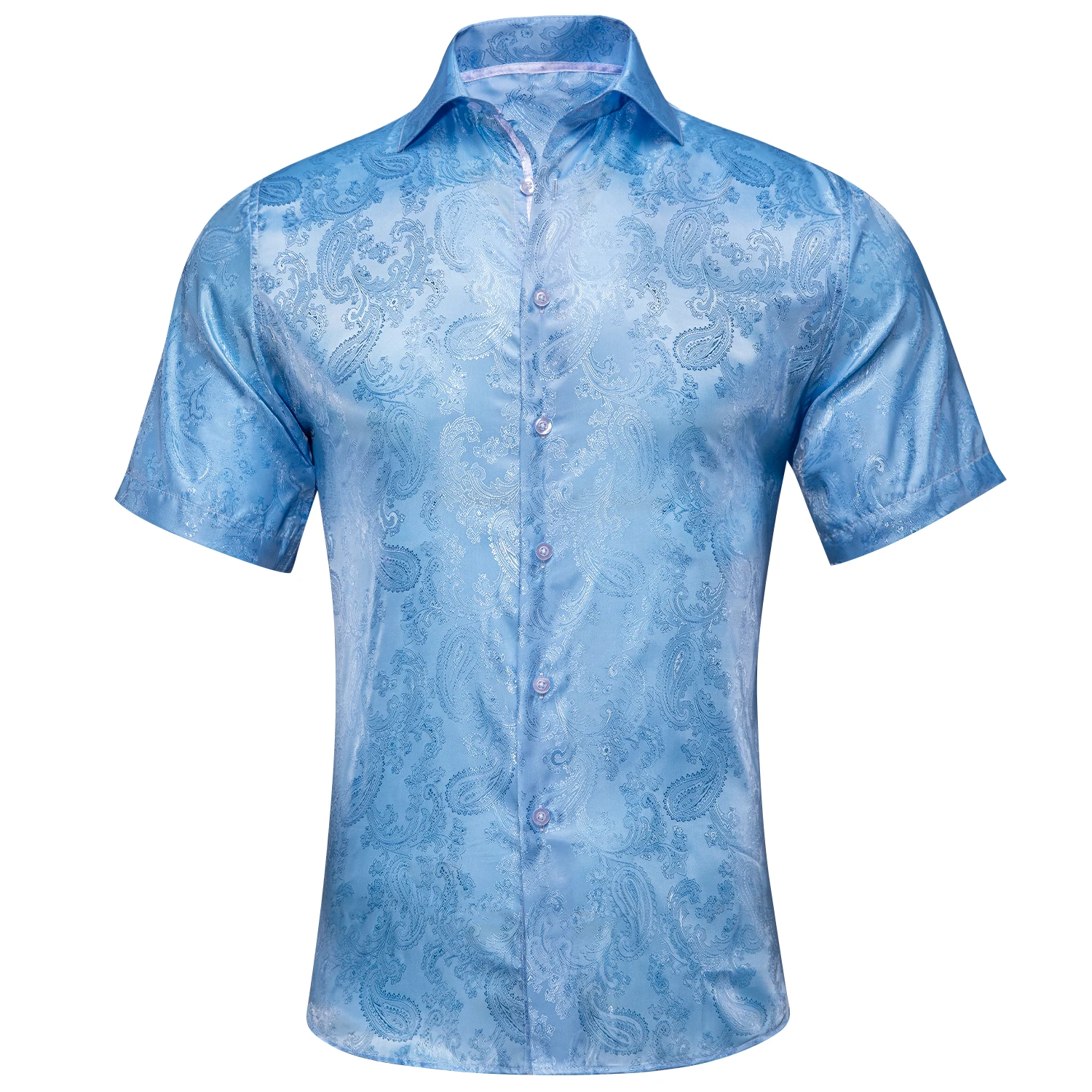 Hi-Tie Brand New Short Sleeve Mens Silk Shirts Jacquard Slim Shirt For Men Summer Luxury Casual Wedding Soft Comfortable Lapel