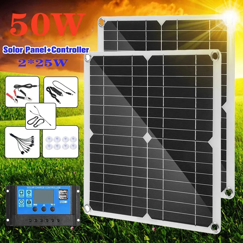 

New 50W Solar Panel Kit Monocrystalline Solar Controller High Efficiency Travel & Phone Boat Portable 18V Battery Charger