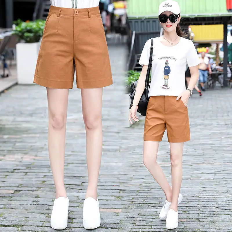 

2022 Summer Women's Fashion Solid Color Loose Shorts Female High Waist Straight Shorts Ladies Cotton Thin Casual Shorts W201
