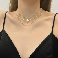 retro unisex multilayer hip hop cross pendant necklace for women metal pearl choker charm clavicle chain girl party jewelry gift