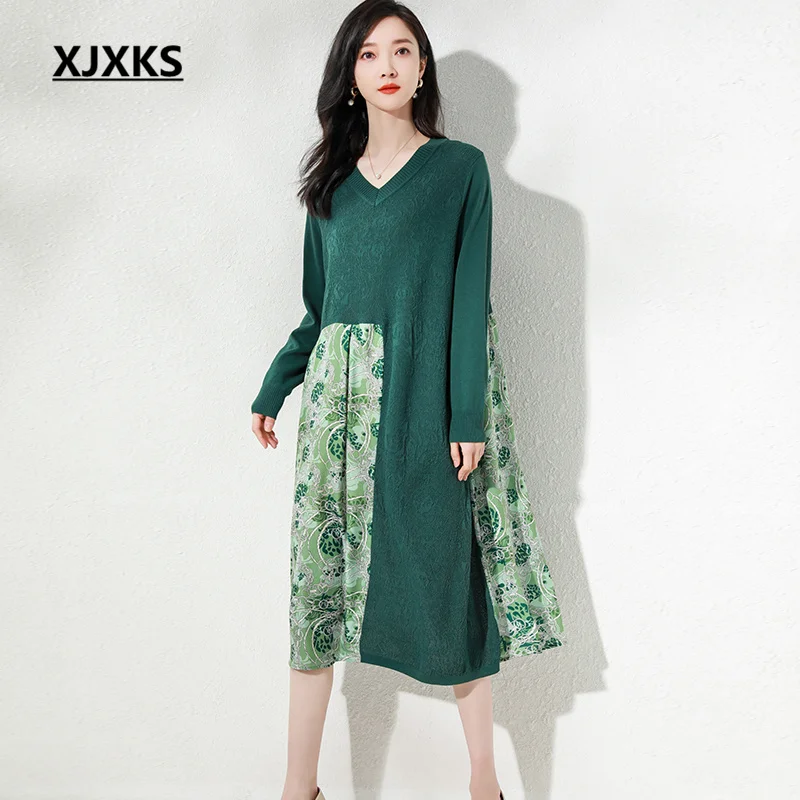 

XJXKS 2023 Spring And Autumn New Fashion V-neck Women's Long Sweater Dress Temperament Pullover Shirt Ladies Vestidos