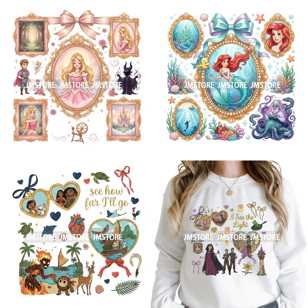 Фото Красочные термонаклейки DTF «Волшебные зеркальные принцессы» для девочек, готовые к термопереносу на текстиль, моющиеся, не требуют глажки №1
