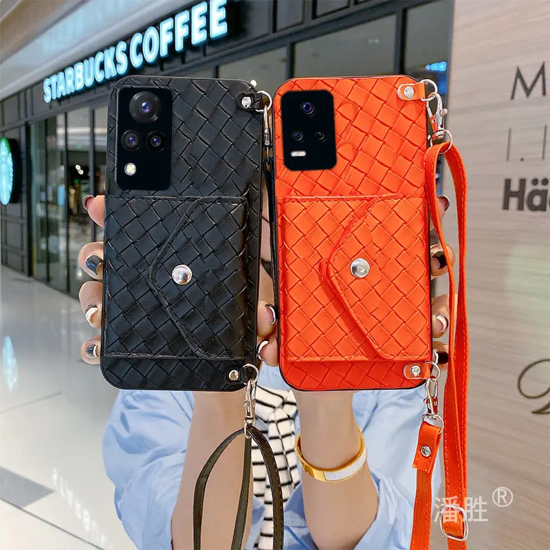 

Simple Balck Orange Woven Strap Crossbody Coin Purse Leather Phone Case for vivo 9 vivo 7 7e 1 1pro Phone Cover Coque Bumper