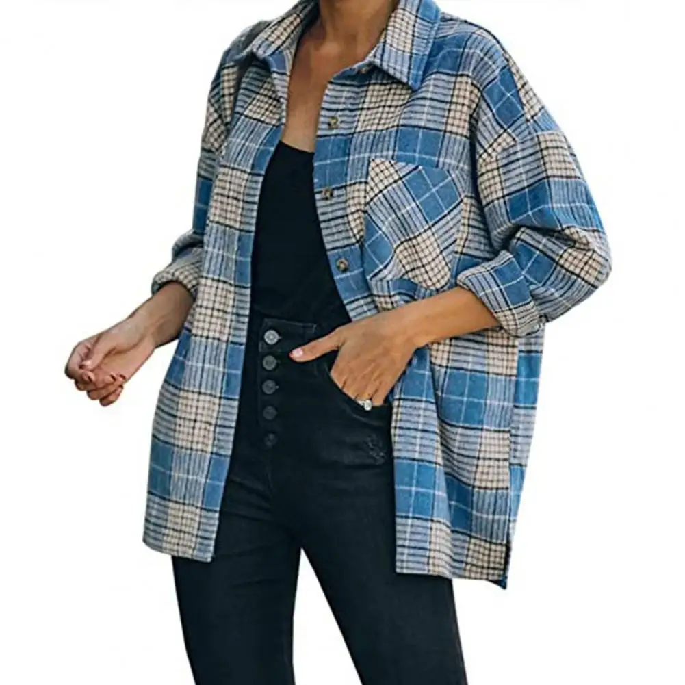 

Women Coat Single-breasted Patch Pockets Buttons Loose Long Sleeves Cardigan Plaid Print Turn-down Collar Lady Jacket Female