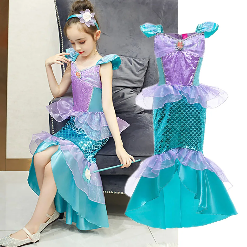 

3-10 Years Girl Ariel Dress Kids Mermaid Cosplay Costume Dress Up Fancy Children Halloween Princess Party Evening Dress