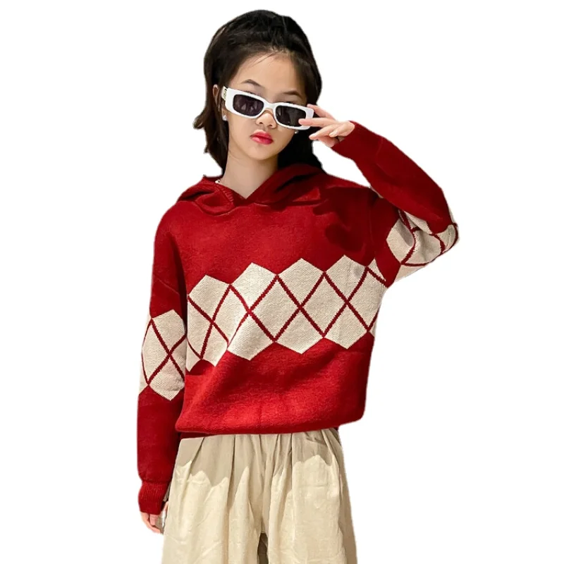 

Повседневный плюшевый плотный свитер для девочек на осень и зиму, модные дизайнерские вязаные топы в клетку с капюшоном и стразами в стиле п...
